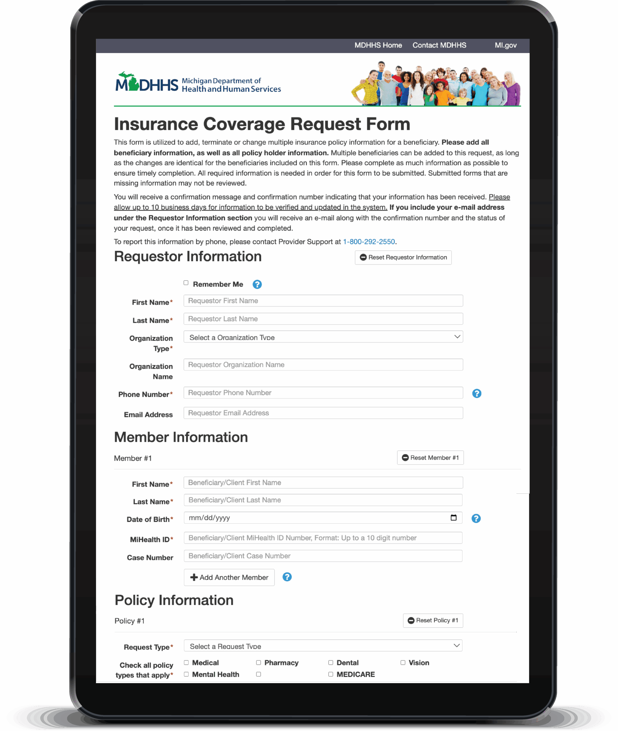 MDHHS Insurance Coverage Request Form Screenshot iPad